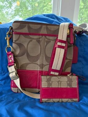 Coach Signature Canvas Crossbody with Pink Leather Trim